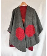 100% Pashmina Cashmere Wrap Grey Red Rose Floral Luxury EUC - $24.99