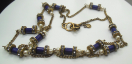 Vintage J Crew Long Blue Glass, Faux Pearl, Clear Crystal Chain Necklace 39.5" - £35.56 GBP