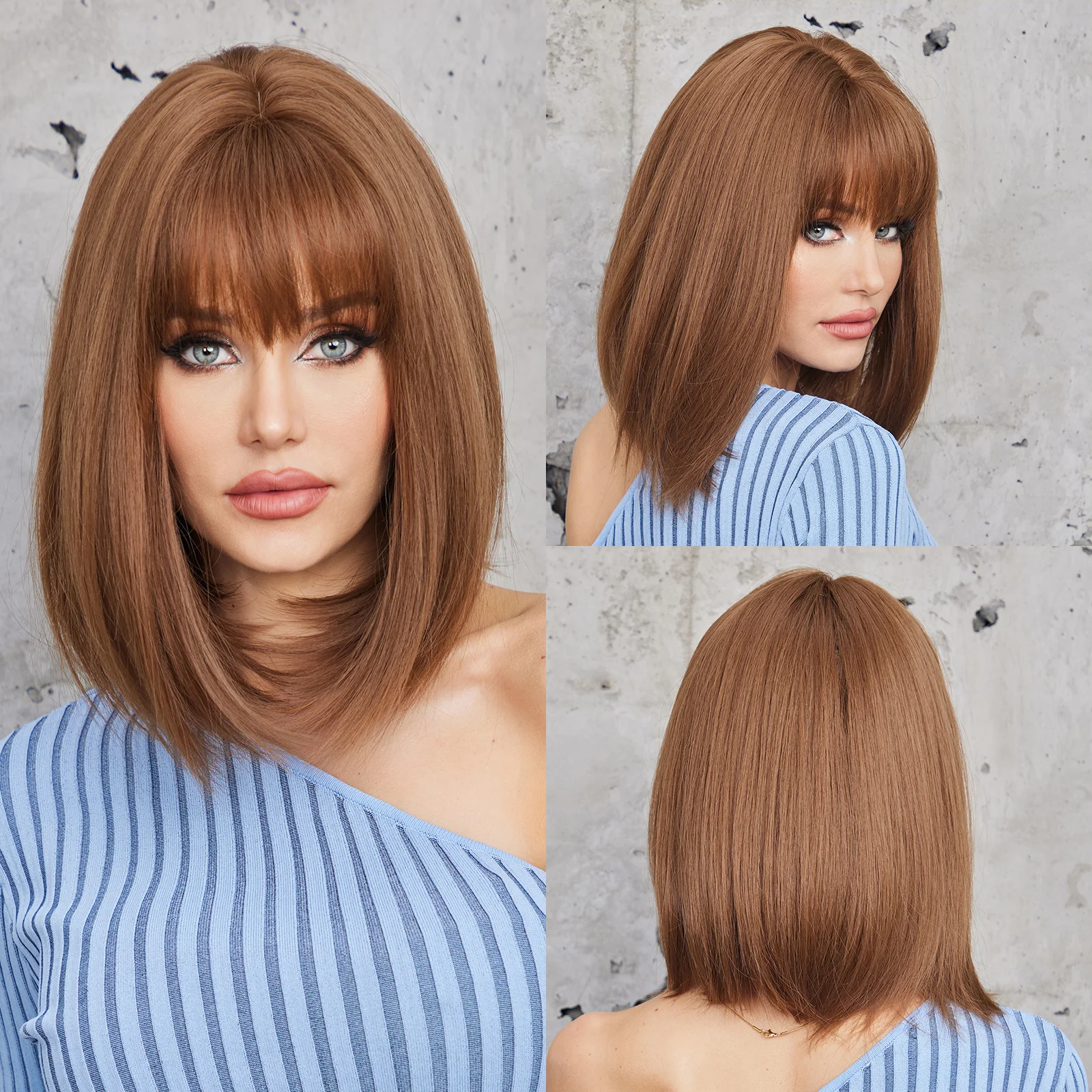 Short Straight Bob Wigs with Bangs Natural Brown Daily Wig for Women So - £12.36 GBP+