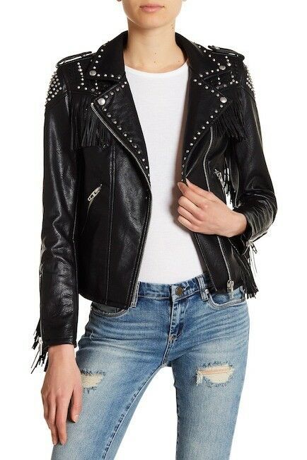 Women's Black Color Fringed Leather Silver Studded Handcrafted Brando Jacket