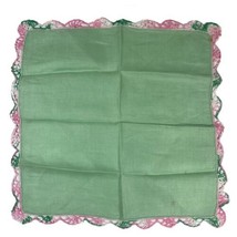 Vintage Green Handkerchief Multi Color Crochet Scallop Pink Border Small Stain - £14.92 GBP