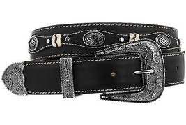 Concho Western Belt Cowboy Genuine Leather Studs Silver Buckle Black Cinto - £27.96 GBP
