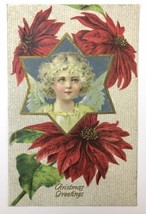 Early 1900s Christmas Greetings PC Poinsettias Little Angel Girl Blonde Hair - $16.00