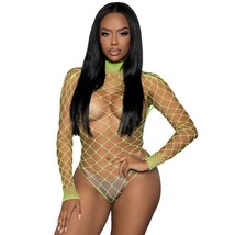 Neon Green Fence Net Bodysuit Long Sleeves Fishnet Collar Thong Open Bac... - $16.82