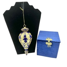 Fabulous Blue and Gold Glass Ornament Hand Painted with Gift Box 6.5in Long - £15.08 GBP