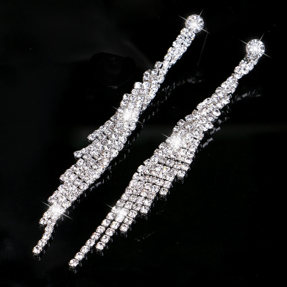 House Home TREAZY 2022 Fashion Crystal Long Earrings for Women Jewelry Silver Co - £19.81 GBP