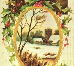 1970s Victorian Christmas Postcard Reproduction Winter Snow Scene and Holly - £3.13 GBP