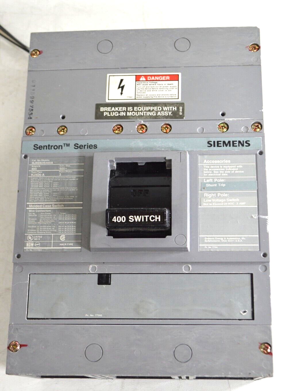 LOT OF 100 Siemens HJXD6-A HJXD63S400A Switch 400A 3P 600V Shunt Trip - $21,499.32