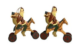 Handcrafted Wooden Santa w/Toy Bag on Rolling Horse Christmas Ornament Painted - $32.12