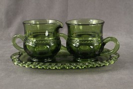 Vintage COLONY Glass Crown Pattern Olive Green Creamer Sugar &amp; Underplat... - £19.65 GBP
