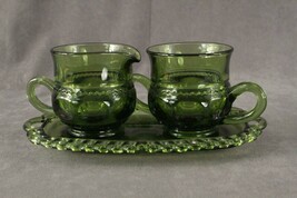 Vintage COLONY Glass Crown Pattern Olive Green Creamer Sugar &amp; Underplat... - $459.47 MXN