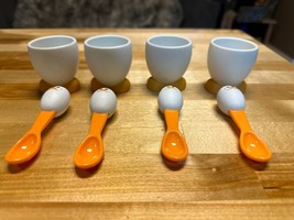 White Soft Boiled Dippy Egg Cup Holders Spoons Coddled Hard Plastic Set - £17.38 GBP