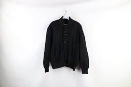 Vtg 50s Rockabilly Mens M Thrashed Wool Knit Suede Leather Cardigan Sweater USA - £94.64 GBP