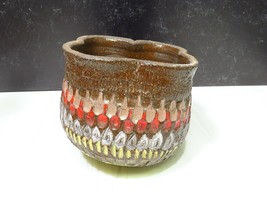 Mid Century Modern Clay Handmade Pottery Thumb Pot Planter Brown Red Yel... - $53.46