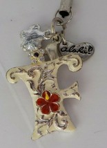PAINTED METAL KEYCHAIN WHITE SILVER LETTER &quot;F&quot; CHARM RED HIBISCUS ALOHA ... - $7.99