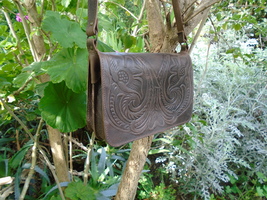 Handmade Greek Leather Bag with Embossed Floral Pattern - £84.33 GBP