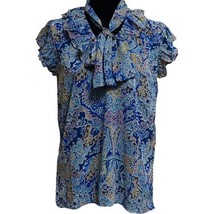 Elan Ava Ruffle Top Blue Tapestry Print Tie Neck Sheer Womens Size Medium - £22.42 GBP