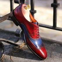 New Men Maroon &amp; Blue Color Brogue Wing Tip Oxford Lace Up Genuine Leather shoes - £112.59 GBP