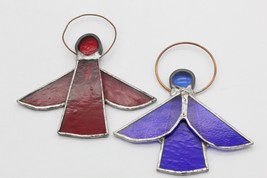 Stained Glass Angel Ornaments Red and Blue Pair Vintage Handmade  - £8.62 GBP
