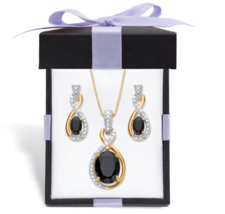 Oval Black Onyx Necklace Earring Gp Set 18K Gold Sterling Silver With Box - £160.73 GBP