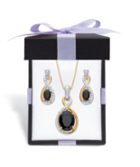 OVAL BLACK ONYX NECKLACE EARRING GP SET 18K GOLD STERLING SILVER WITH BOX - £156.44 GBP