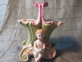 Cherub Handled Bisque Porcelain Vase, Greens and Pinks Vintage Figurine Vase - £25.45 GBP