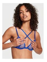 VICTORIAS SECRET VERY SEXY STRAPPY FISHNET OPEN CUP LOW CUT DEMI BRA blu... - $22.77