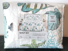 Queen 3 pc Reversible Quilt Set Blue Green White Beach Coral Fish Shells... - $49.49