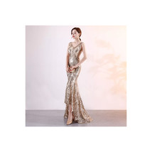 Gold Sequin Glitter Dress   Formal Evening Gown Floor Length Ball Gown Backless  - £181.87 GBP
