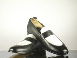 Handmade Mens Black White Leather Penny Loafers, Men Designer Dress Fashion Shoe - £115.87 GBP