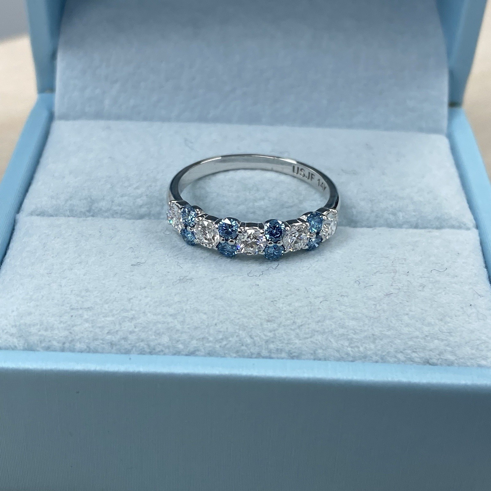 White Blue 1.00 Ct Round Lab Grown Diamond Alternating Wedding Band 14k Gold Item image 8
