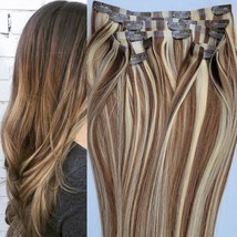 16″ Seamless Clip in 100% Human Hair Extensions,140 grams, 8Pcs,20 clips #6/613 - £109.50 GBP