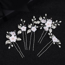 Bridal Flower Pearl Hair Pins 5pcs,Wedding Silver Leaf Crystal Hair Accessories - £13.36 GBP