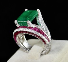 Zambia Emerald Octagon Ruby Cut Diamond Cocktail Ring, 18K Gold Statement Ring - £21,617.99 GBP