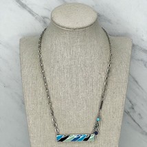 Chico&#39;s Silver Tone Blue Enamel Bar Beaded Necklace - £15.81 GBP