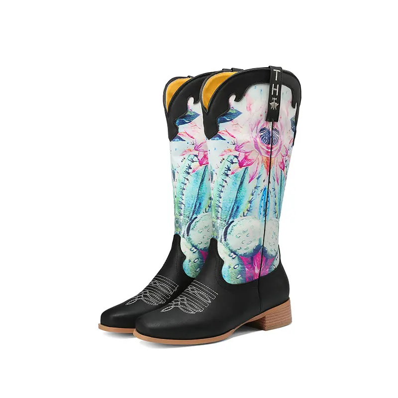 Womens boy Boots Retro  Print Western girl Boots Ladies Square Toe Pull on Fashi - £109.04 GBP