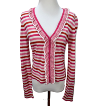 Magaschoni Silk Cotton Lightweight Cardigan Striped Ruffle Trim Sweater Stretch - £30.01 GBP
