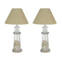 White and Grey Metal Seashell Filled Lighthouse Table Lamp with Shade Set of 2 - £147.56 GBP