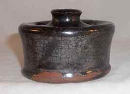 Antique Dark Brown Manganese Glazed Redware Inkwell with 3 Quill Storing... - $350.00