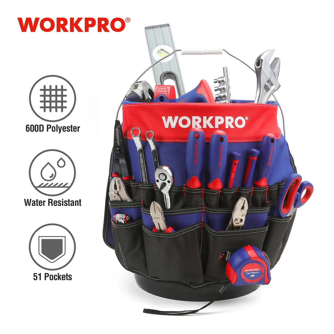 WORKPRO 5 Gallon Bucket Tool Organizer Bucket Boss Tool Bag with 51 Pockets Fits - £67.75 GBP