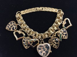 Betsey Johnson Goldtone Charm Bracelet Watch Heart Leopard Print 8&quot;  - £47.68 GBP