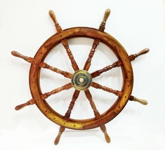 Brass Wooden Ship Wheel 36&quot; Nautical home Decorative Wooden Ship Wheel - £90.83 GBP
