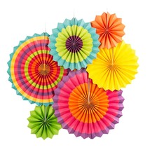 Pack Of 6 Hanging Paper Fans Party Carnival Circus Round Pattern Paper Garlands  - £14.37 GBP