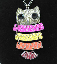 Articulated OWL Pendant NECKLACE Vintage ENAMEL Silvertone PINK Yellow O... - £18.37 GBP