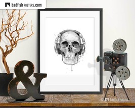 Skull with Headphones Poster, Illustration, Art Drawing Skull, Home Decor, Gift  - £31.97 GBP+