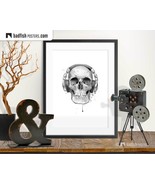 Skull with Headphones Poster, Illustration, Art Drawing Skull, Home Deco... - $40.00+