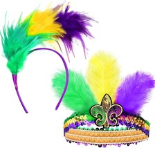 2 Pcs Mardi Gras Sequins Headband for Women Fascinators Glitter Feather Hair Ban - £18.50 GBP