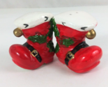 Vintage Lefton Santa Claus Boots With Holly &amp; Bell 2.58&quot; Salt &amp; Pepper S... - $13.57
