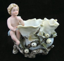 Vtg Lefton Cherub Child Bisque Planter Vase Figurine Dish Acorn Oak Tree KW3078A - £39.52 GBP