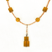 Czech Glass Beaded Necklace 16” Choker Amber Color Square And Mini Glass Beads - £14.78 GBP